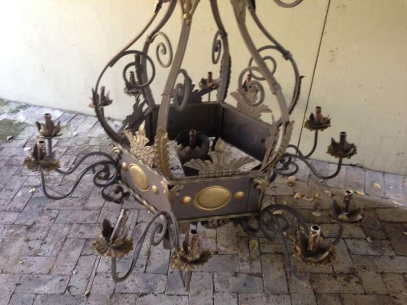 An Imported French Crown Design Wrought Iron Hand Painted Chandelier of Large Proportion