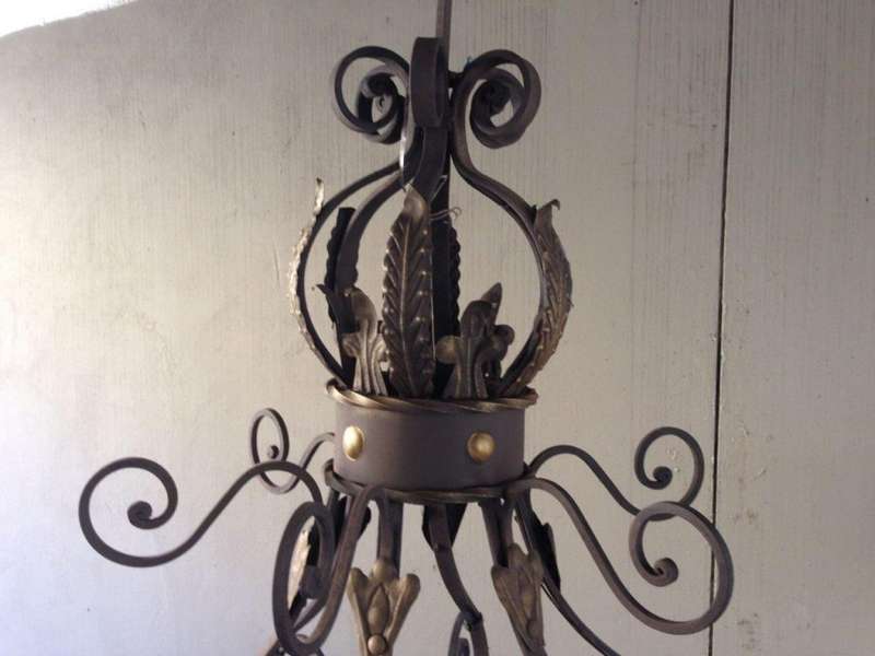 An Imported French Crown Design Wrought Iron Hand Painted Chandelier of Large Proportion