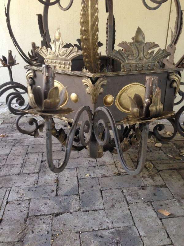 An Imported French Crown Design Wrought Iron Hand Painted Chandelier of Large Proportion