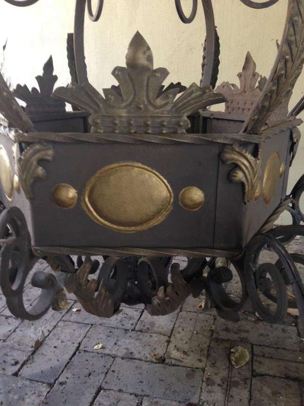 An Imported French Crown Design Wrought Iron Hand Painted Chandelier of Large Proportion