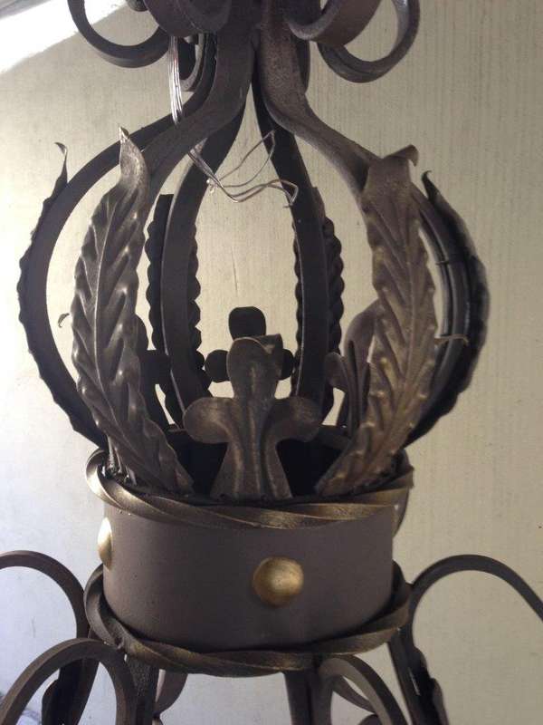 An Imported French Crown Design Wrought Iron Hand Painted Chandelier of Large Proportion