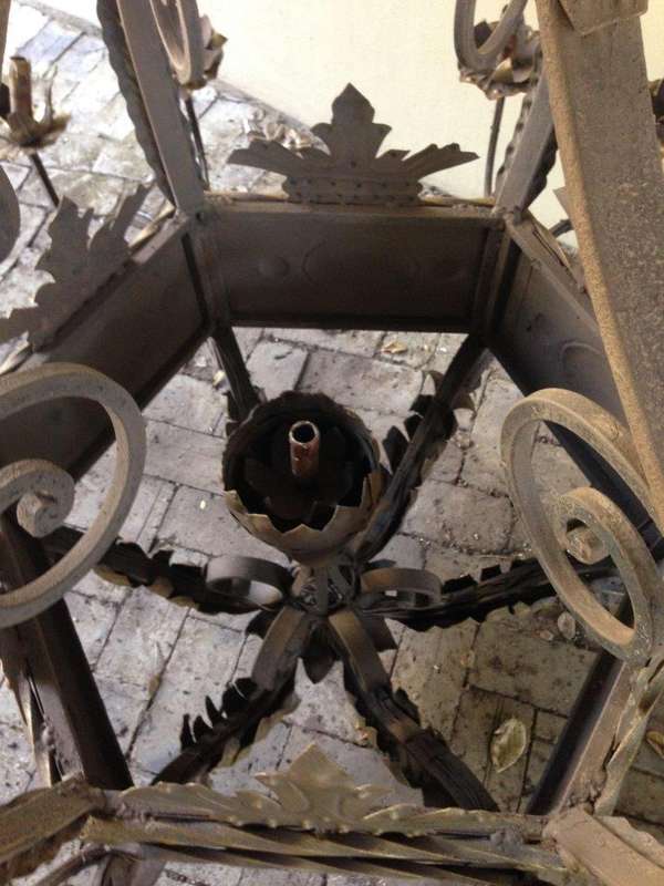 An Imported French Crown Design Wrought Iron Hand Painted Chandelier of Large Proportion