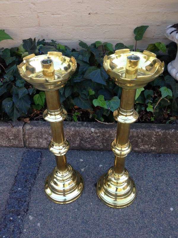 Pair of antique brass alter candlesticks, 19th century