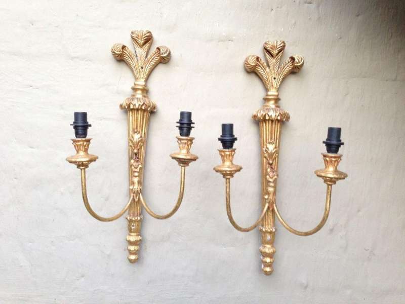 20th Century Carved Giltwood Double Arm Wall Sconces Ex Mount Nelson Hotel Cape Town (A few pairs...