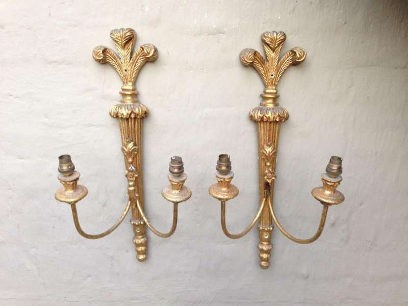 20th Century Carved Giltwood Double Arm Wall Sconces Ex Mount Nelson Hotel Cape Town (A few pairs...