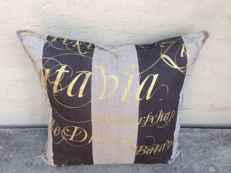 Imported Linen With Stripe and Hand Painted Script Fabric Cushion (Single) - ND