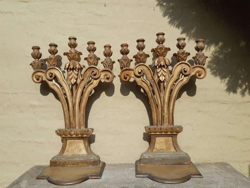 A 19th Century Pair Of Italian Five-Light Giltwood Candelabra