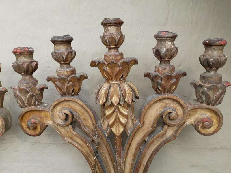 A 19th Century Pair Of Italian Five-Light Giltwood Candelabra