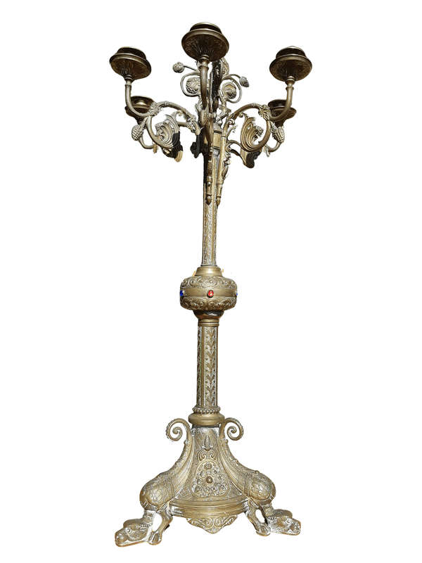 Original Brass Large Church Candelabra With Inlaid Coloured Glass On Dragons Feet Circa 1900