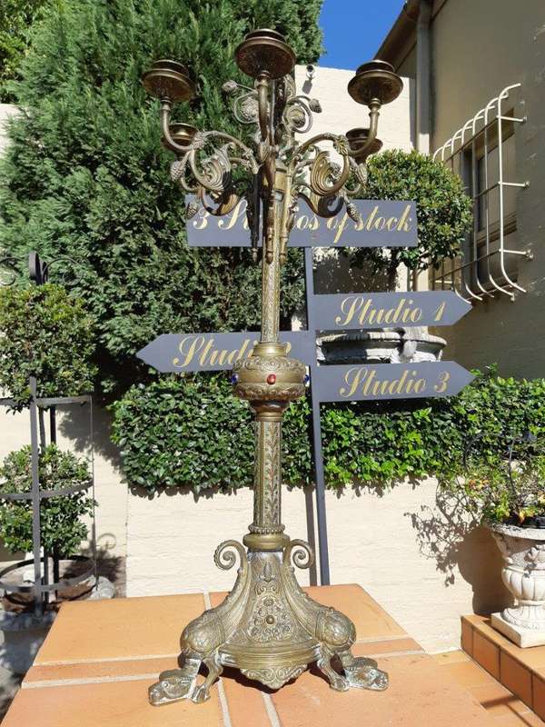 Original Brass Large Church Candelabra With Inlaid Coloured Glass On Dragons Feet Circa 1900