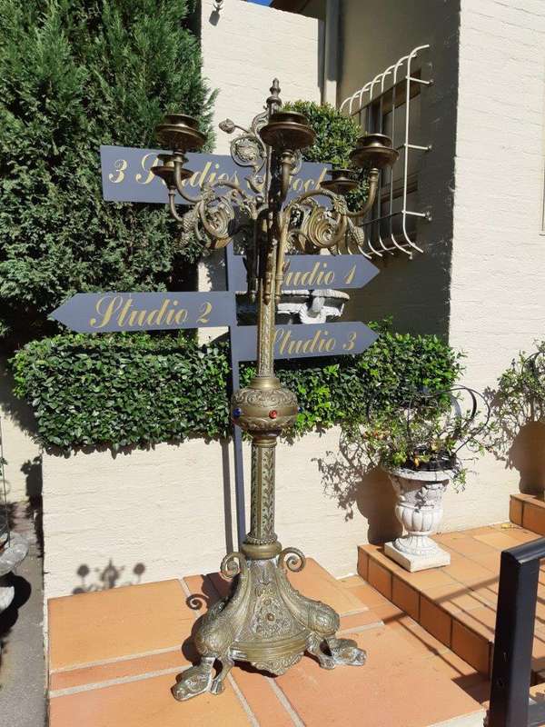 Original Brass Large Church Candelabra With Inlaid Coloured Glass On Dragons Feet Circa 1900