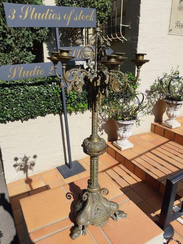 Original Brass Large Church Candelabra With Inlaid Coloured Glass On Dragons Feet Circa 1900