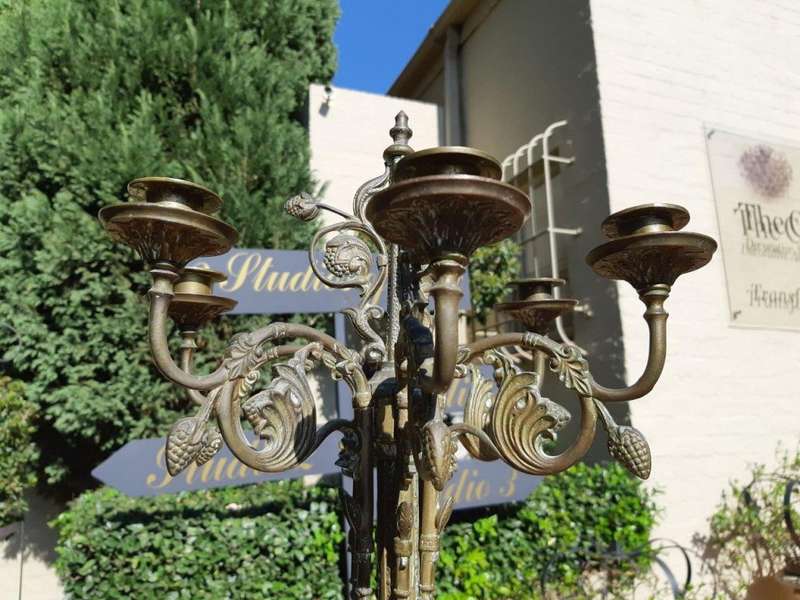 Original Brass Large Church Candelabra With Inlaid Coloured Glass On Dragons Feet Circa 1900