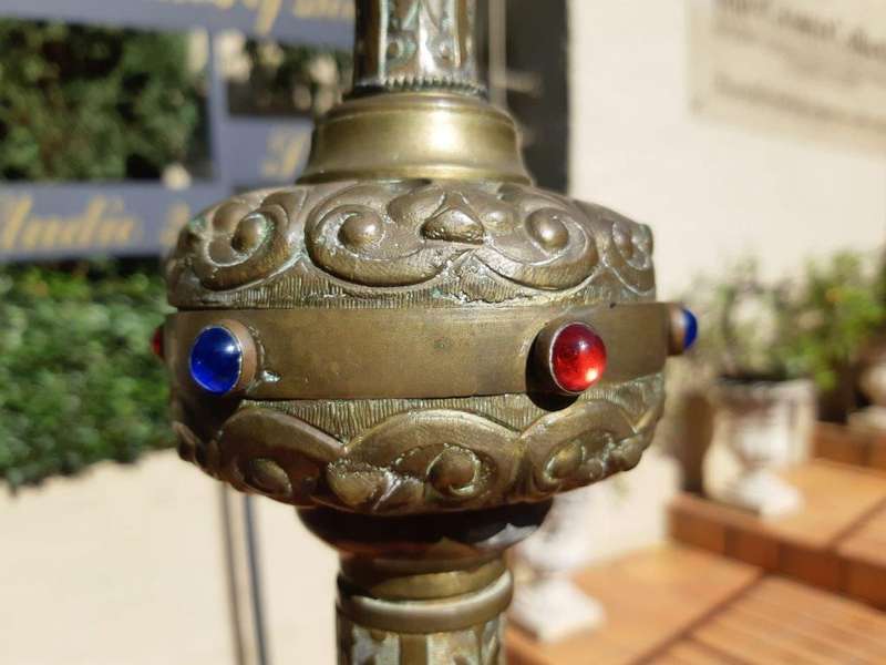 Original Brass Large Church Candelabra With Inlaid Coloured Glass On Dragons Feet Circa 1900