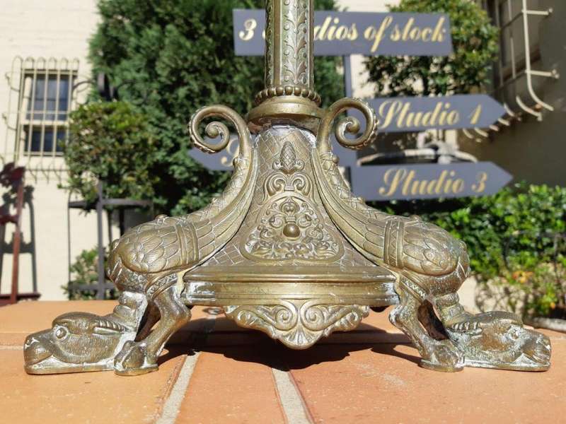 Original Brass Large Church Candelabra With Inlaid Coloured Glass On Dragons Feet Circa 1900