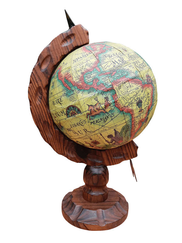 Vintage Old World Globe On Carved Oak Wooden Stand
