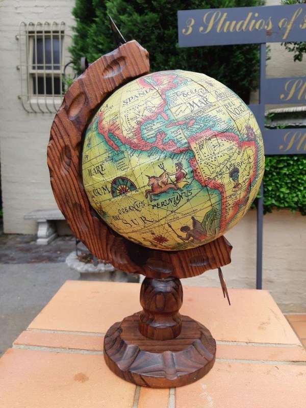 Vintage Old World Globe On Carved Oak Wooden Stand