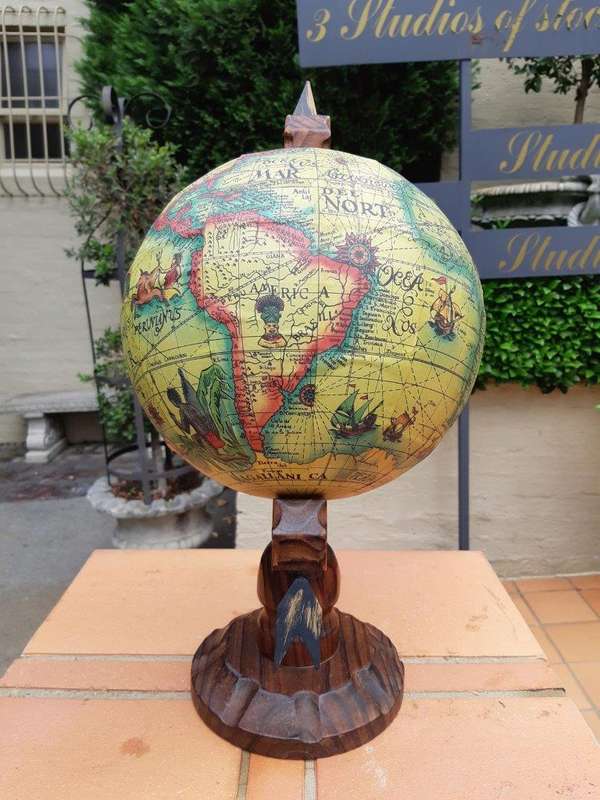 Vintage Old World Globe On Carved Oak Wooden Stand