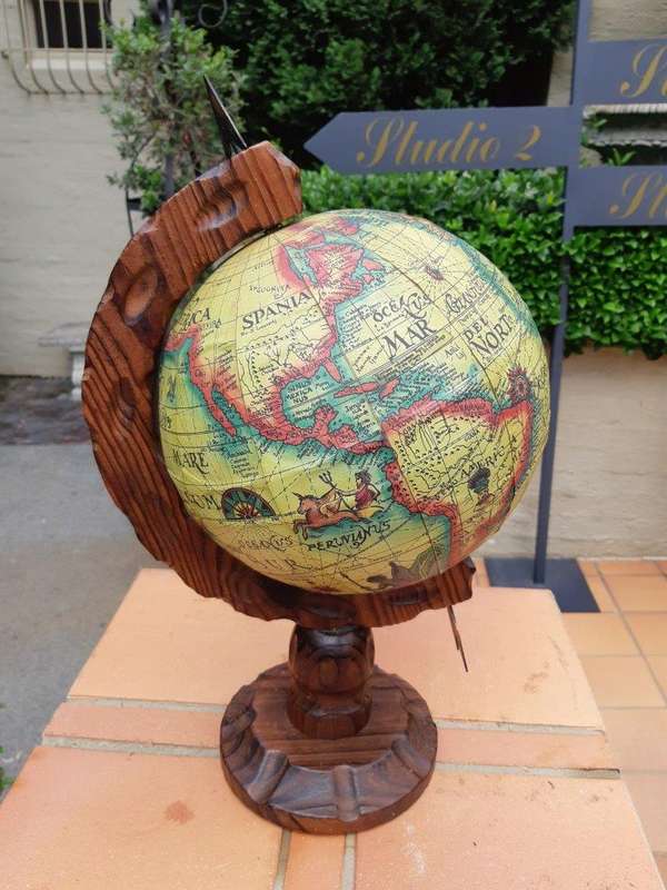 Vintage Old World Globe On Carved Oak Wooden Stand