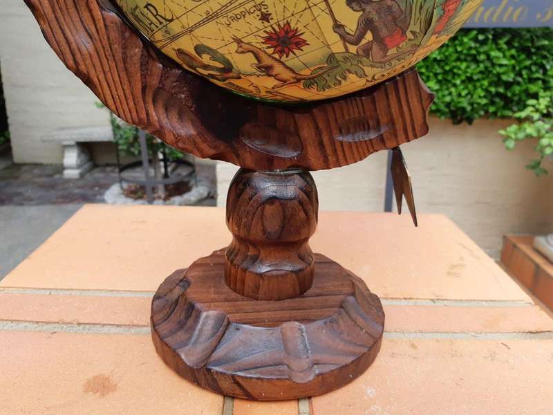 Vintage Old World Globe On Carved Oak Wooden Stand