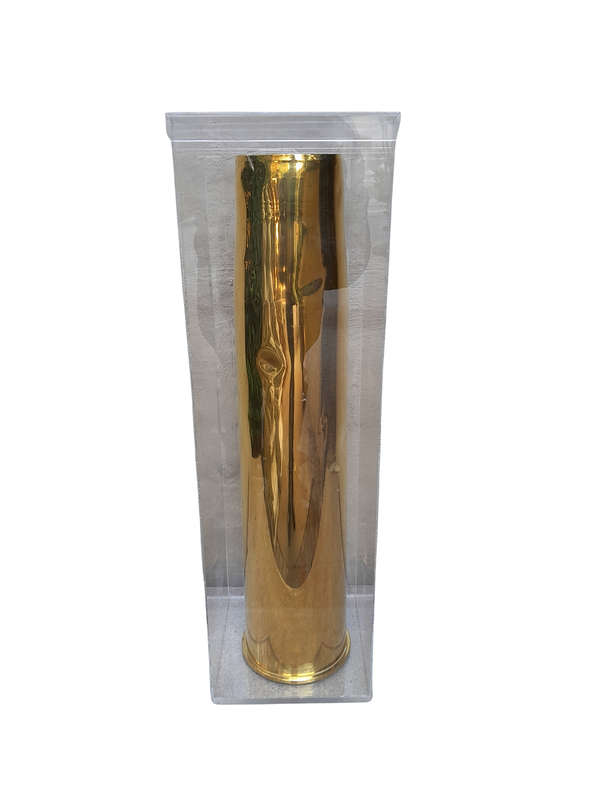 A 20TH Century Brass Cannon Shell In A Custom-Made Display Perspex Box