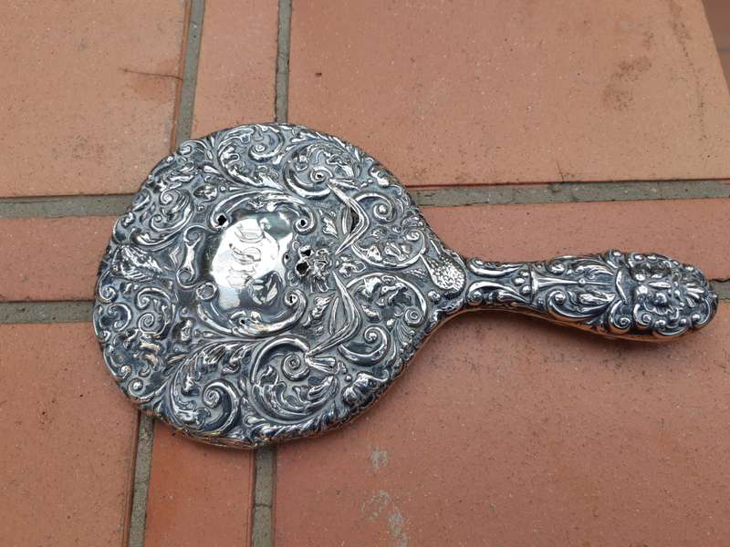 Antique Sterling Silver Hand Held Mirror With Repousse Work - Birmingham 1913