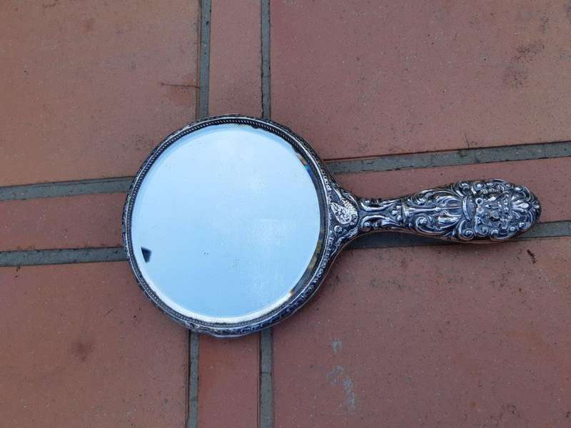 Antique Sterling Silver Hand Held Mirror With Repousse Work - Birmingham 1913