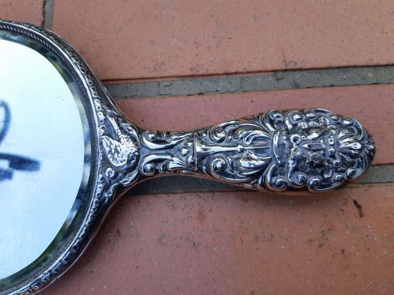 Antique Sterling Silver Hand Held Mirror With Repousse Work - Birmingham 1913