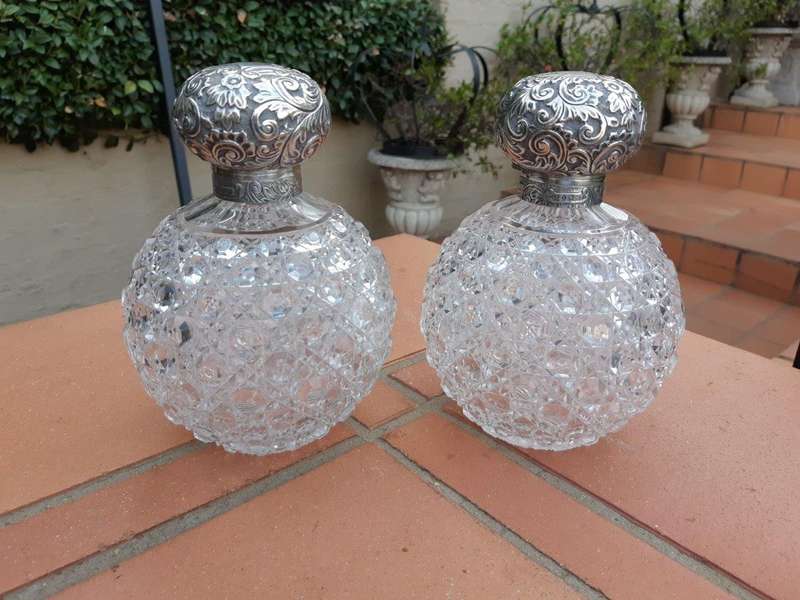 A Pair of Large Late Victorian Silver Mount Ladies Dressing Table Scent Bottles  Maker: Horton ...
