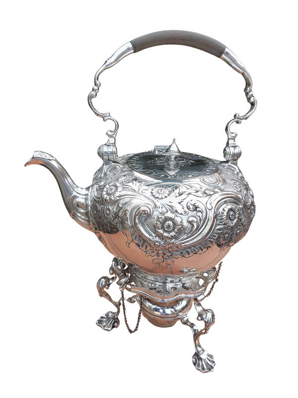 A Victorian silver plate tea kettle on stand with burner - ND