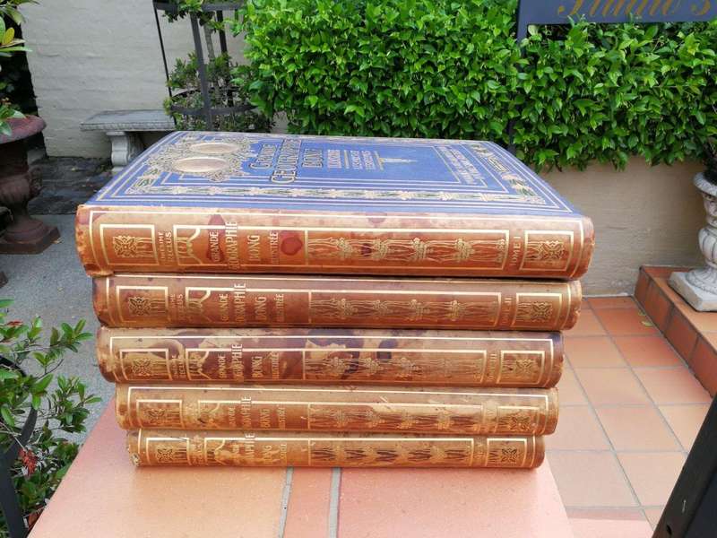 Set Of Five (5) Highly Decorative Very Large And Heavy Antique Grande Geographie Bong Books Circa...