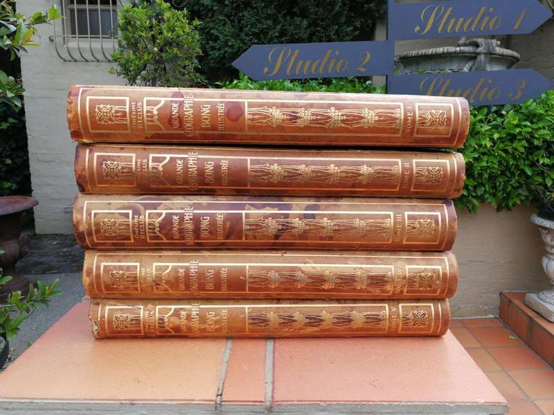Set Of Five (5) Highly Decorative Very Large And Heavy Antique Grande Geographie Bong Books Circa...