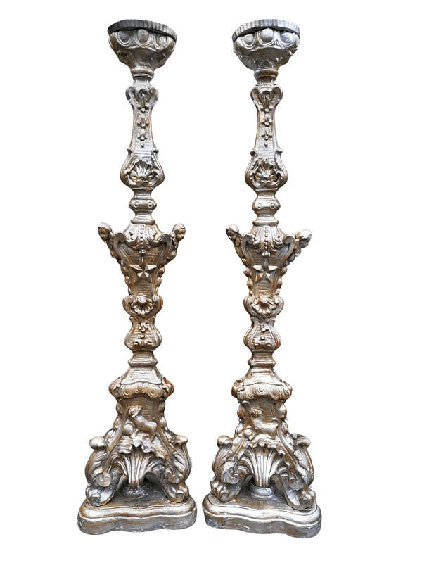 Pair Of Baroque-Style Silvered Wooden Carved Altar Pricket Sticks, 19th Century, Carved With A Pa...