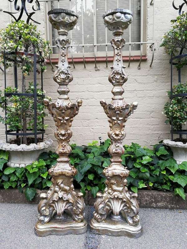 Pair Of Baroque-Style Silvered Wooden Carved Altar Pricket Sticks, 19th Century, Carved With A Pa...