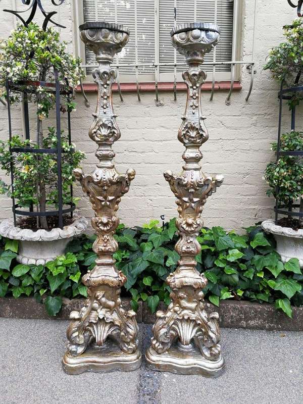 Pair Of Baroque-Style Silvered Wooden Carved Altar Pricket Sticks, 19th Century, Carved With A Pa...