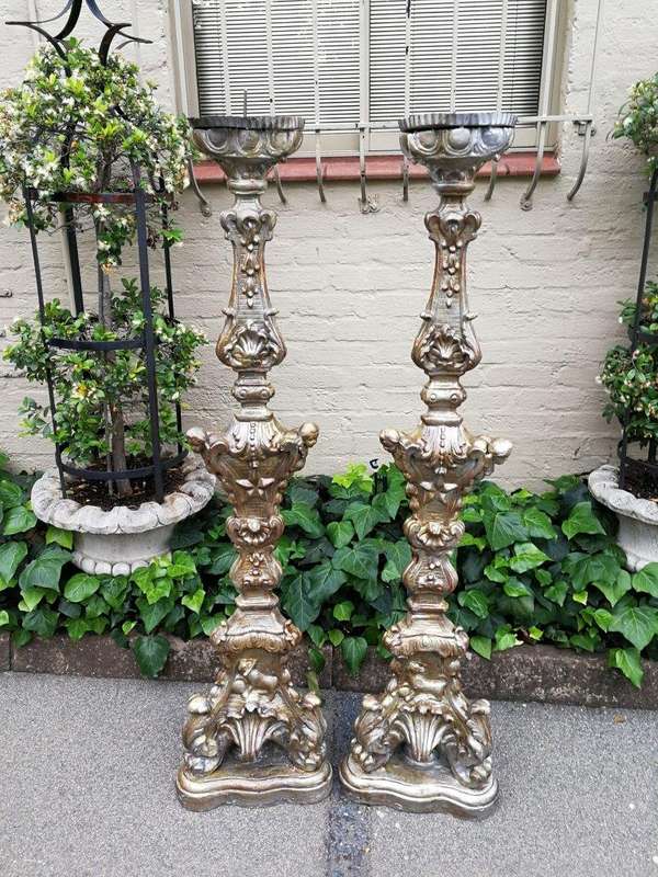 Pair Of Baroque-Style Silvered Wooden Carved Altar Pricket Sticks, 19th Century, Carved With A Pa...