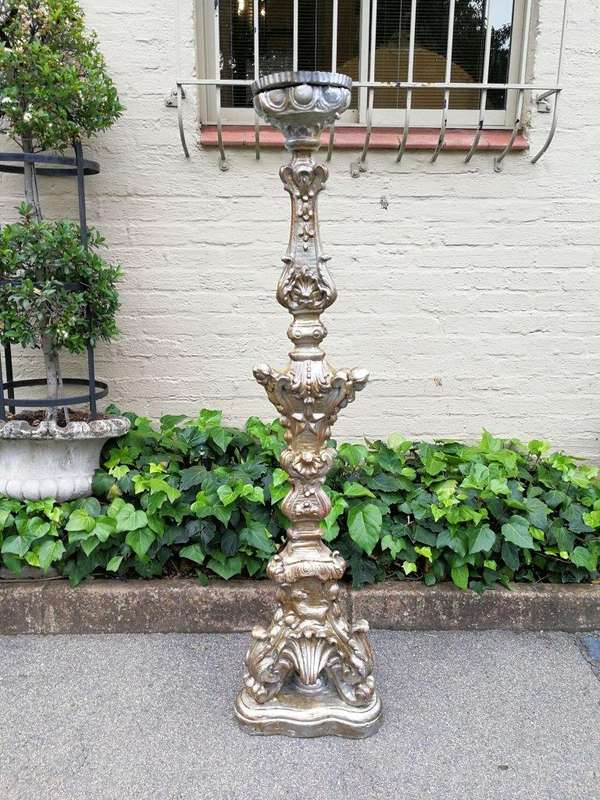 Pair Of Baroque-Style Silvered Wooden Carved Altar Pricket Sticks, 19th Century, Carved With A Pa...