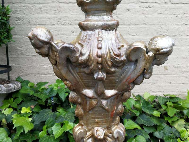 Pair Of Baroque-Style Silvered Wooden Carved Altar Pricket Sticks, 19th Century, Carved With A Pa...