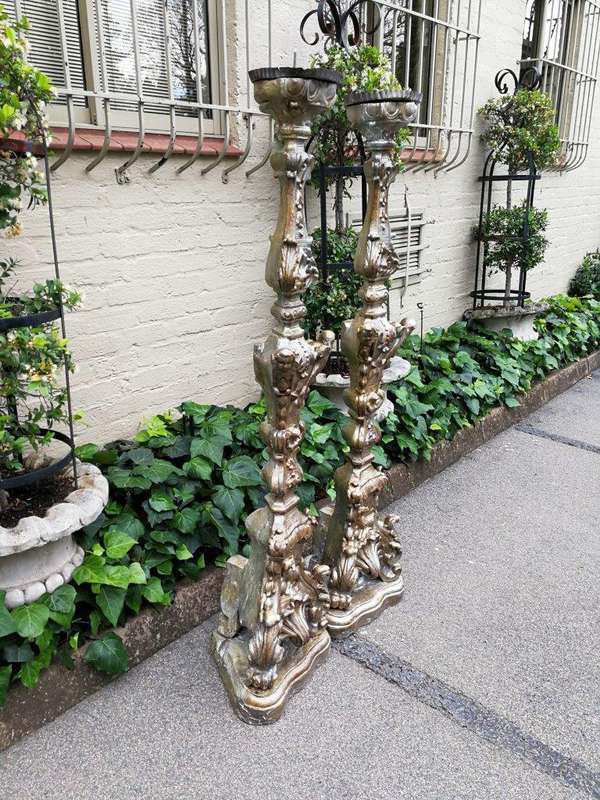 Pair Of Baroque-Style Silvered Wooden Carved Altar Pricket Sticks, 19th Century, Carved With A Pa...
