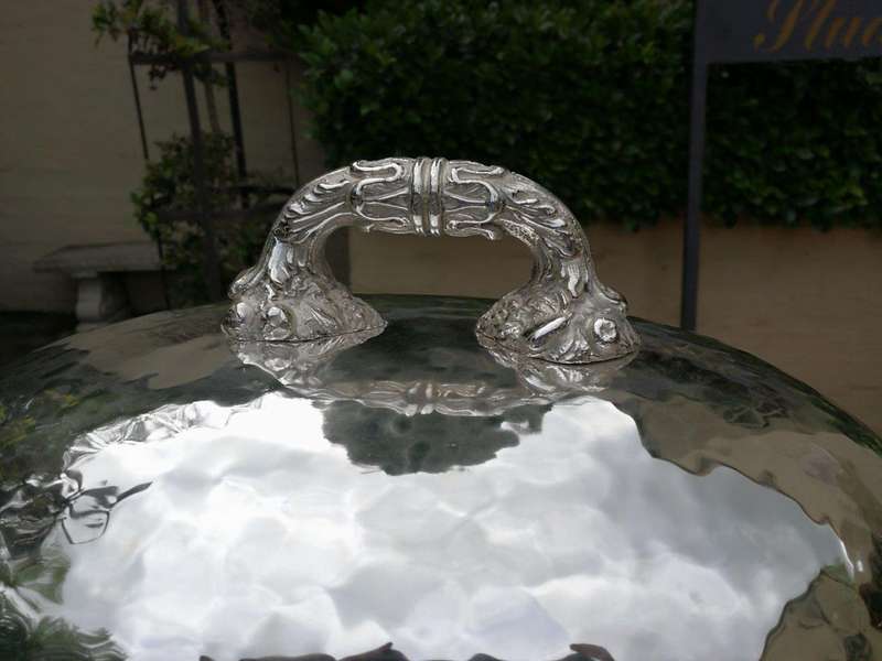 An Italian  Silver Plate Food Dome With Undertray And Wooden Cutting Board