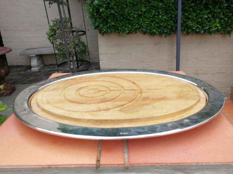 An Italian  Silver Plate Food Dome With Undertray And Wooden Cutting Board