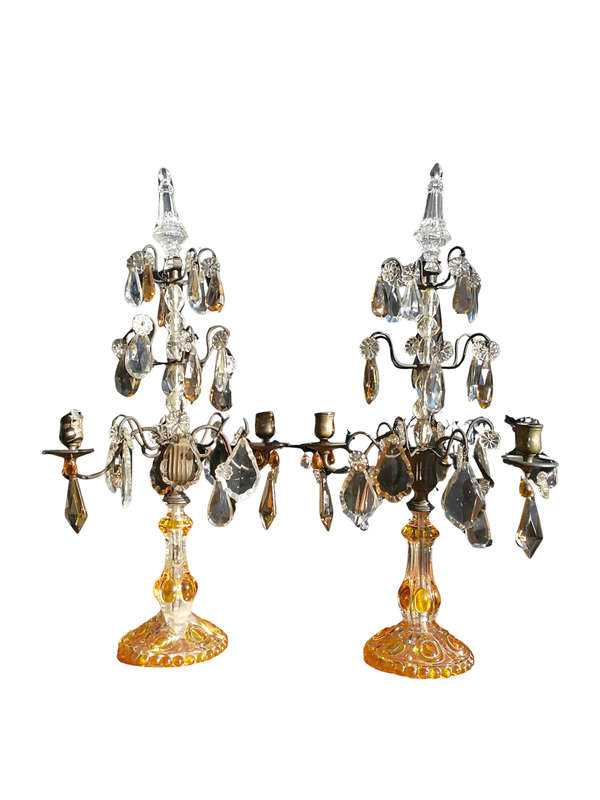 A Pair Of Glass And Metal Lustre Candelabra ND
