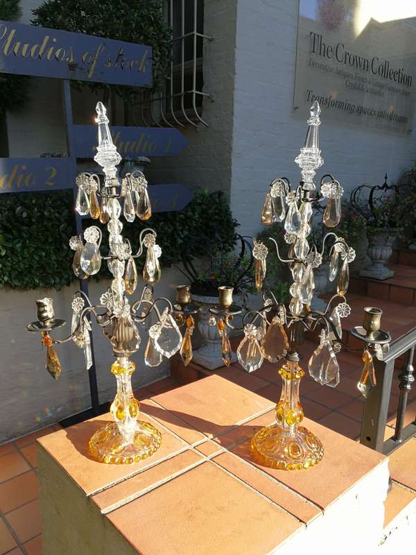 A Pair Of Glass And Metal Lustre Candelabra ND