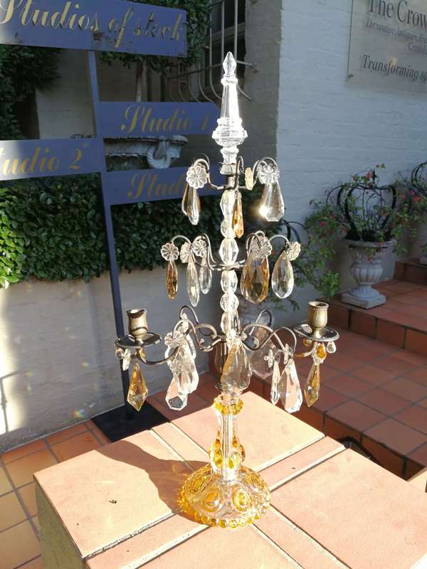 A Pair Of Glass And Metal Lustre Candelabra ND