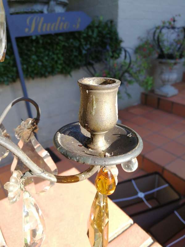 A Pair Of Glass And Metal Lustre Candelabra ND