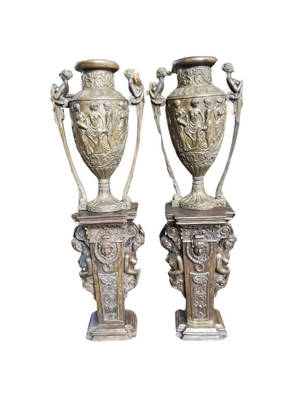A Pair of Large Size Bronze Urns on Plinths