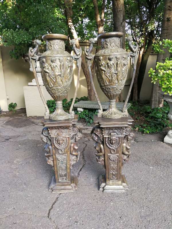 A Pair of Large Size Bronze Urns on Plinths