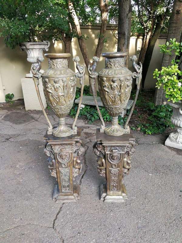 A Pair of Large Size Bronze Urns on Plinths