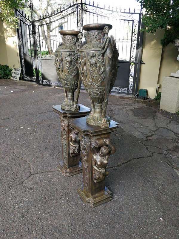 A Pair of Large Size Bronze Urns on Plinths