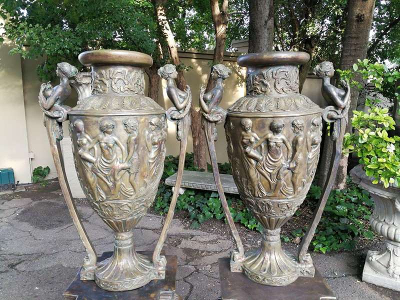 A Pair of Large Size Bronze Urns on Plinths